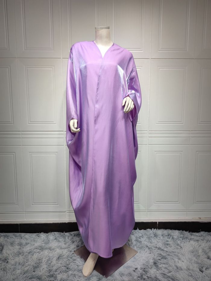 Muslim Fashion Bright Silk Satin Solid Bat Sleeve Robe
