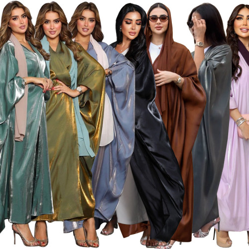 Muslim Fashion Bright Silk Satin Solid Bat Sleeve Robe