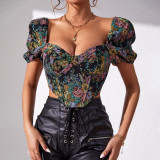 Vintage Print Puff Short Sleeve Blouse Summer Sexy Backless Shirts