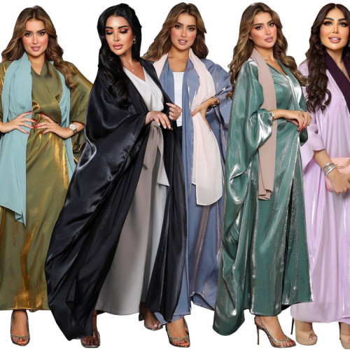 Muslim Fashion Bright Silk Satin Solid Bat Sleeve Robe