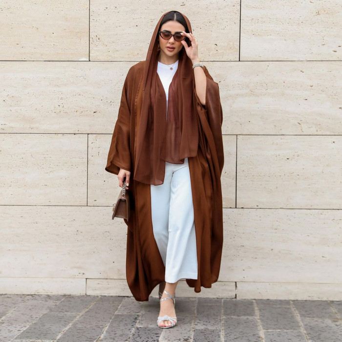 Muslim Fashion Bright Silk Satin Solid Bat Sleeve Robe
