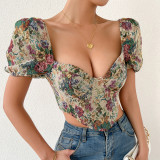 Vintage Print Puff Short Sleeve Blouse Summer Sexy Backless Shirts