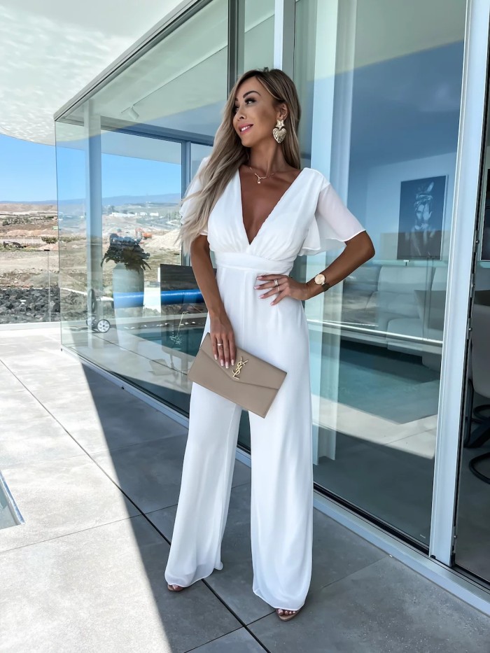 V-neck Chiffon Casual Short Sleeve Loose Vacation Wide Leg Jumpsuit