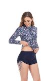 Printed Long Sleeve Sun Protection Zipper Tight Drawstring Square Leg Swimsuit