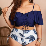 Plus Size Off-the-Shoulder Floral Print High-Waisted Bikini with Ruffled Edges