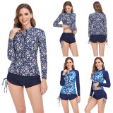 Printed Long Sleeve Sun Protection Zipper Tight Drawstring Square Leg Swimsuit