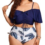 Plus Size Off-the-Shoulder Floral Print High-Waisted Bikini with Ruffled Edges