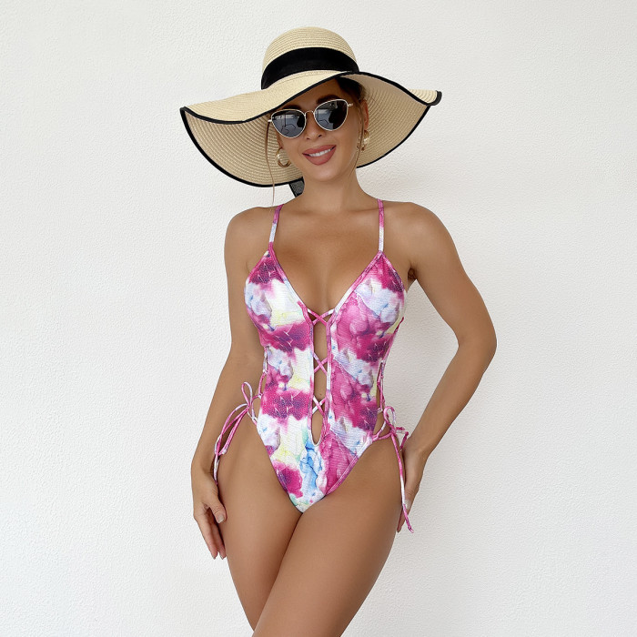 Printed multicolor Three sided Strapping Women's one piece Swimsuit