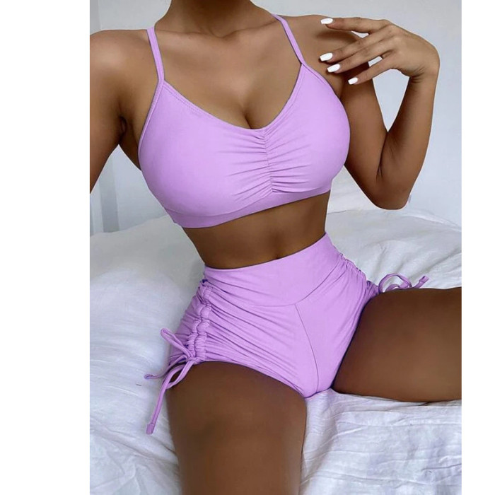 Separable High-Waisted Square-Cut Swimsuit with Drawstring Design for Slimming Effect