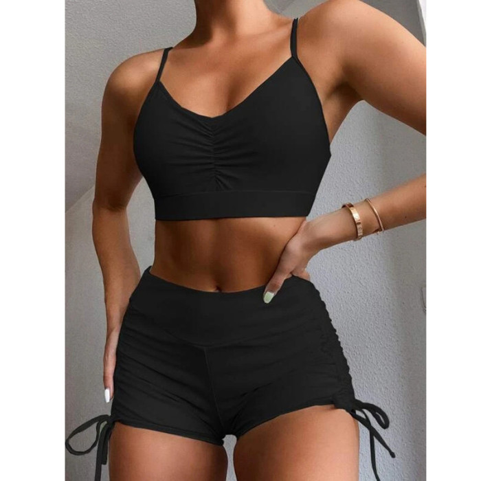 Separable High-Waisted Square-Cut Swimsuit with Drawstring Design for Slimming Effect