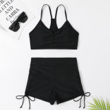Separable High-Waisted Square-Cut Swimsuit with Drawstring Design for Slimming Effect