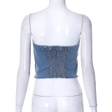 Denim Elastic Wrapped Bust Button-up Top