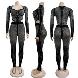 Solid Color Mesh Rhinestone Long Sleeve Bodysuit with Long Pants