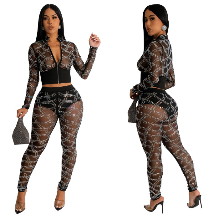 Solid Color Mesh Rhinestone Long Sleeve Long Pants Two-Piece Set