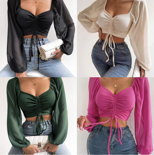 Mesh Sleeve Drawstring Crop Top