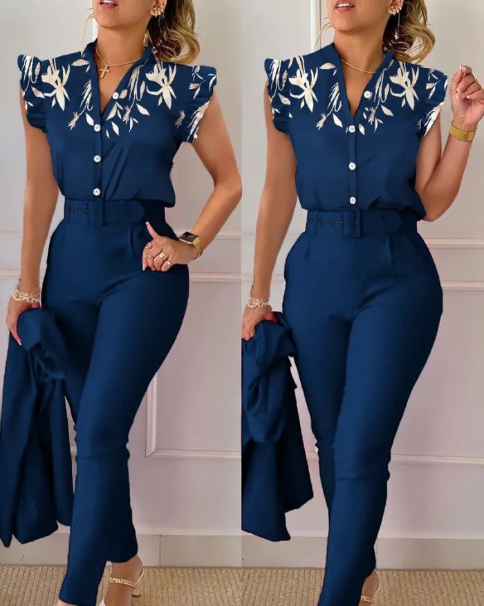 Fashion Printed Top with Lotus Leaf Sleeves and Solid Color Pants Set with Waist Belt