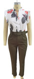 Fashion Printed Top with Lotus Leaf Sleeves and Solid Color Pants Set with Waist Belt