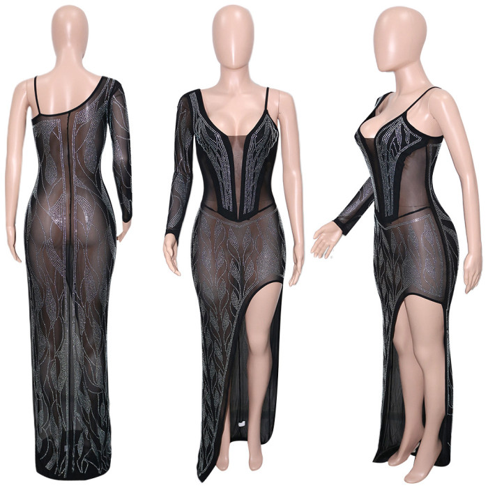 Sexy Sheer Mesh See-through Rhinestone One-Shoulder Long Sleeve Nightclub Evening Dress
