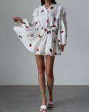 Fashionable Cotton and Linen Fabric Strawberry Print Long Sleeve Top and Short Skirt Set with Ruffle Hem, Perfect for Loungewear