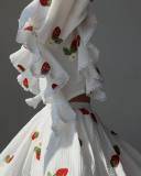 Fashionable Cotton and Linen Fabric Strawberry Print Long Sleeve Top and Short Skirt Set with Ruffle Hem, Perfect for Loungewear