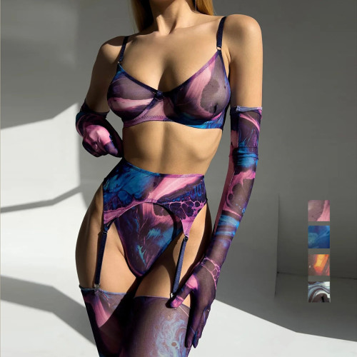 Painted Mesh Sexy Lingerie bra & brief sets with 5 Pieces, including Gloves and Mesh Thigh-High Stockings