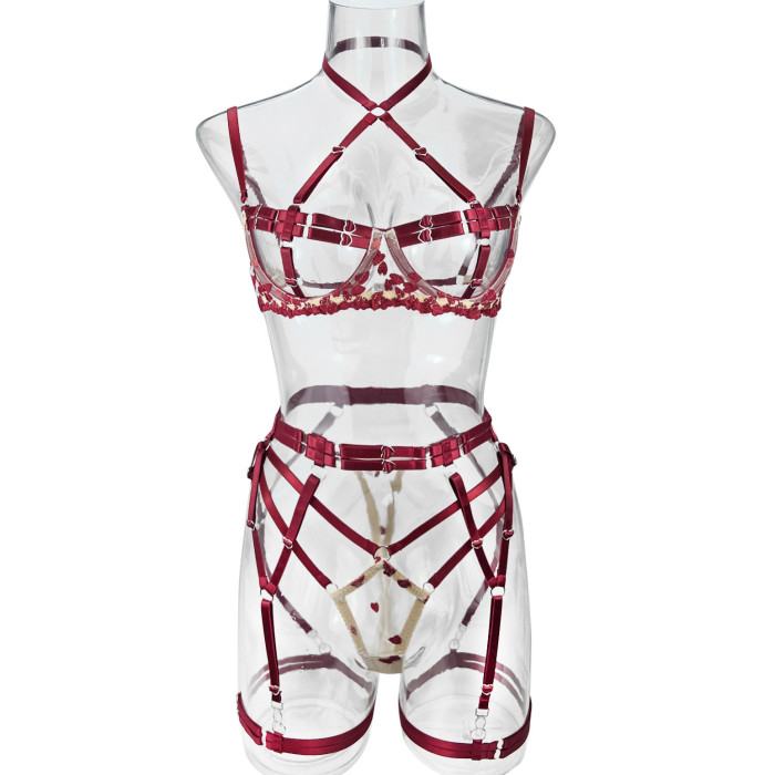 Fashionable Dual-Color Spliced Strap bordelle bra Lingerie 5-Piece Set