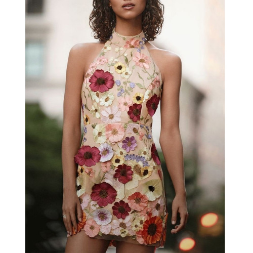 Embroidered 3D Floral Halterneck Bodycon Dress