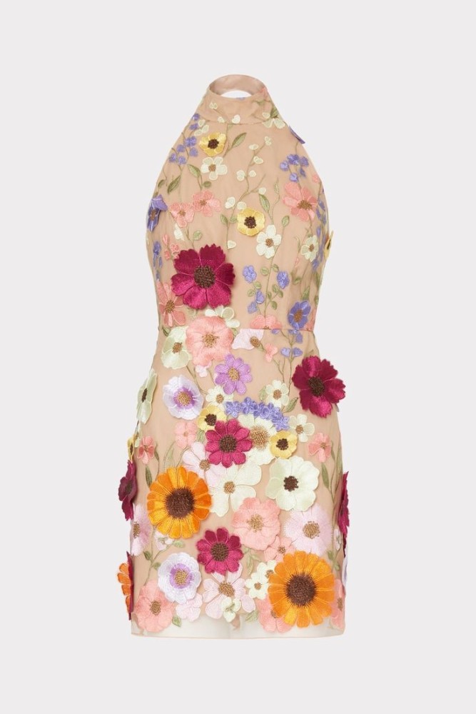 Embroidered 3D Floral Halterneck Bodycon Dress