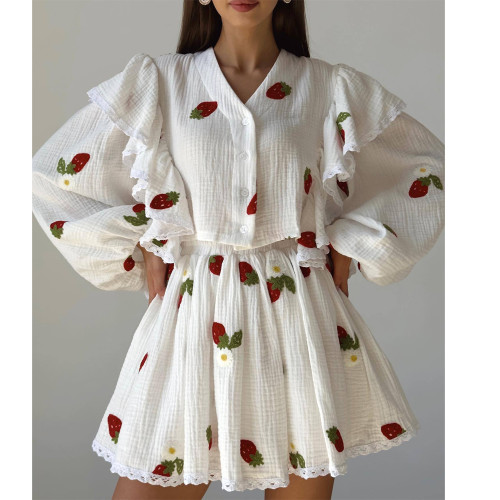 Fashionable Cotton and Linen Fabric Strawberry Print Long Sleeve Top and Short Skirt Set with Ruffle Hem, Perfect for Loungewear