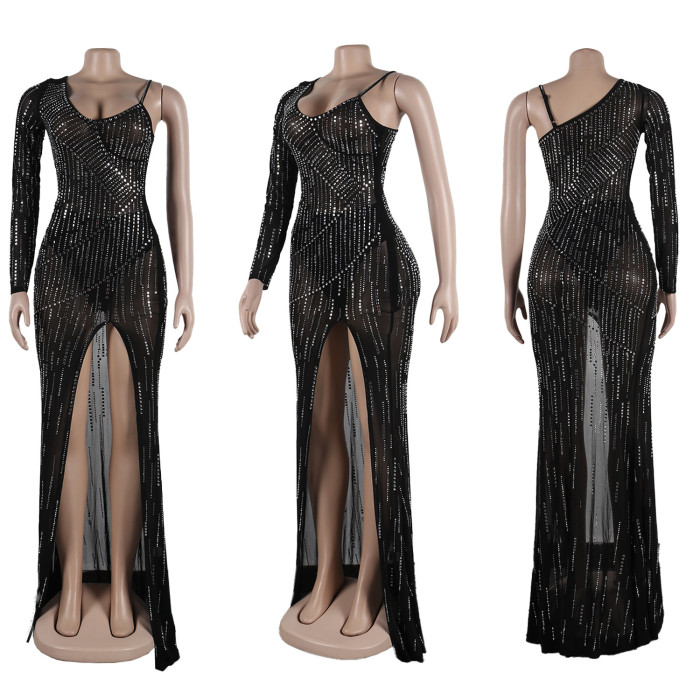 Sparkling Sheer Mesh Rhinestone Embellished Nightclub Dress with Asymmetric Single Strap, Side Slit and Long Sleeve