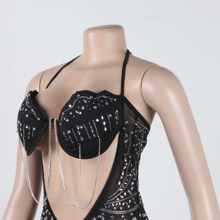 Sexy Bodycon Dress with Rhinestone and Fringe Detailing, featuring Sheer Panels and Diamond Embellishments