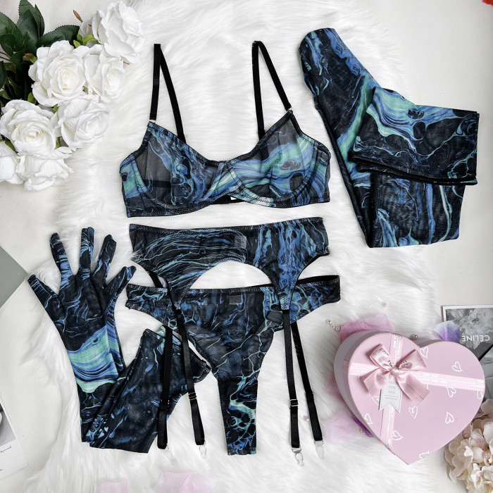 Painted Mesh Sexy Lingerie bra & brief sets with 5 Pieces, including Gloves and Mesh Thigh-High Stockings