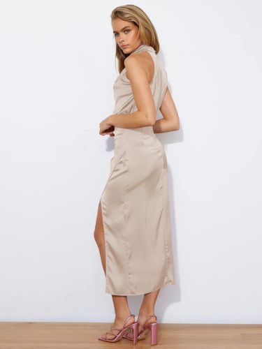 Women Sleeveless Cocktail Dress with Keyhole Neckline and High Split