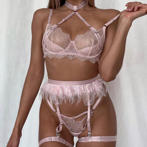 See through feather lace embroidery 3-piece set sexy women in lingerie pictures for wholesale