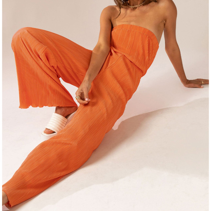Comfortable Pleated Fabric and Flattering Wide-Leg Design Jumpsuit