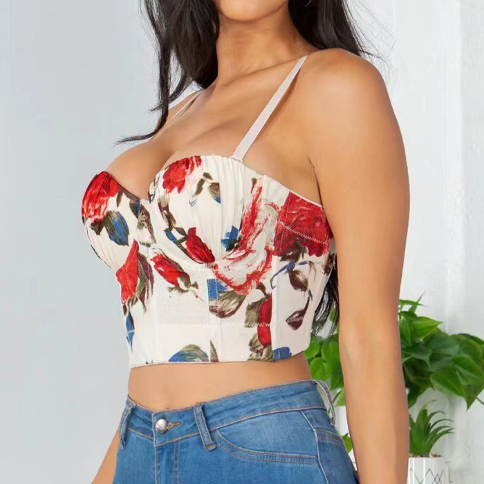 Floral Print Vest Over Fishbone Bralette Top