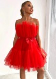 Strapless Tulle Dress with Butterfly Knot and Puffy Skirt
