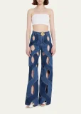Women's Blue Rope Cut out Wide Leg Jeans