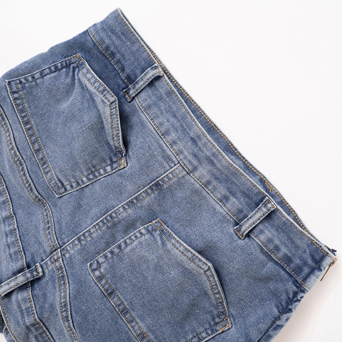 Uniquely Styled Denim Shorts with Irregular Elastic Splicing