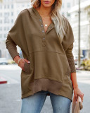 V-neck Hooded Bat Sleeve Sweater Loose Threaded Patchwork Top