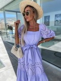 Fashion Lace Patchwork Square Neck Tie-Up Dress