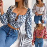 Women Sexy Ruffle Edge Lace-Up Floral Chiffon Crop Top