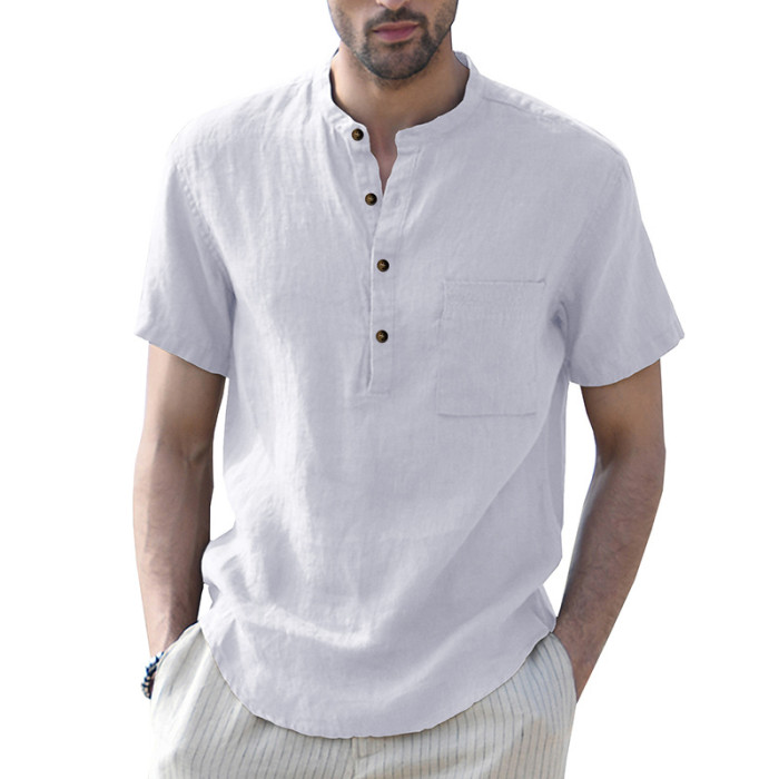 Men's Casual Cotton Linen Short Sleeve Henley Shirt Summer Lightweight Beach T-Shirts