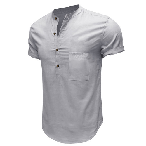Men's Casual Cotton Linen Short Sleeve Henley Shirt Summer Lightweight Beach T-Shirts