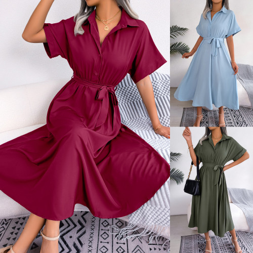 Women's Solid Color Tie Front Chiffon Midi Shirtdress