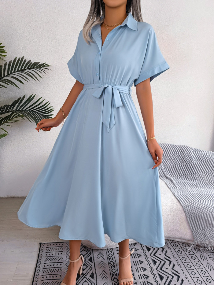 Women's Solid Color Tie Front Chiffon Midi Shirtdress