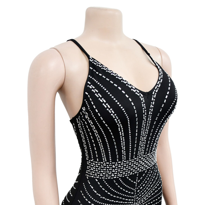 Strappy Sleeveless Backless Maxi Dress with Dazzling Rhinestone Embellishments