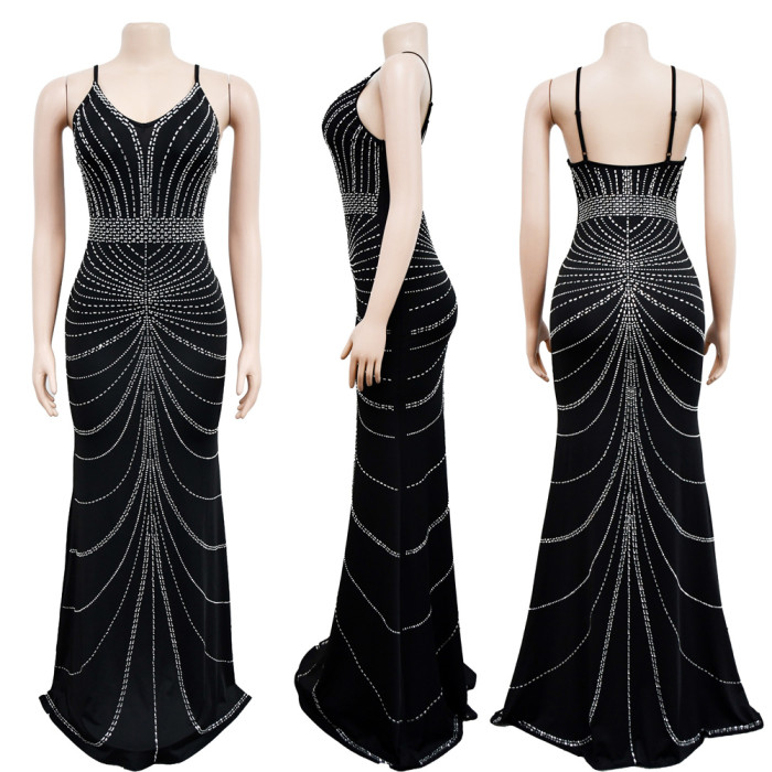 Strappy Sleeveless Backless Maxi Dress with Dazzling Rhinestone Embellishments