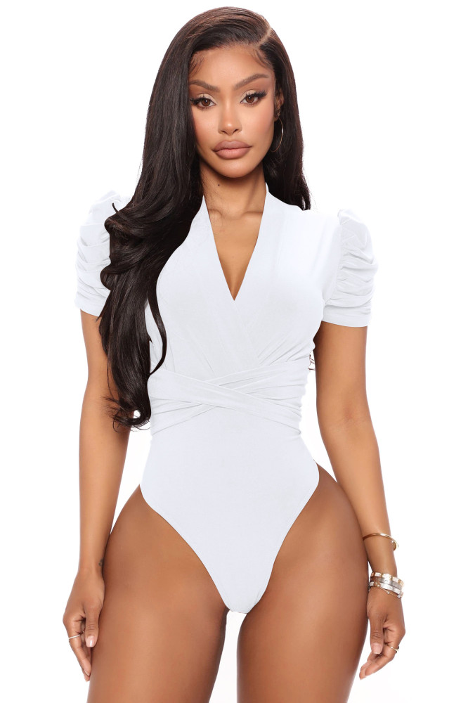 Triangle Waist Cinched Jumpsuit with Folded Sleeves bodysuit