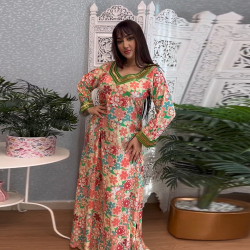 Unique Printed Jalabiya and Rhinestone Embellishments Sparkling Dubai Abaya for Women Dress